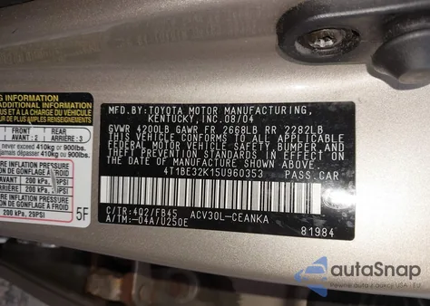 2005 Toyota Camry Le/Se/Std/Xle from USA, damaged, VIN 4T1BE32K15U960353